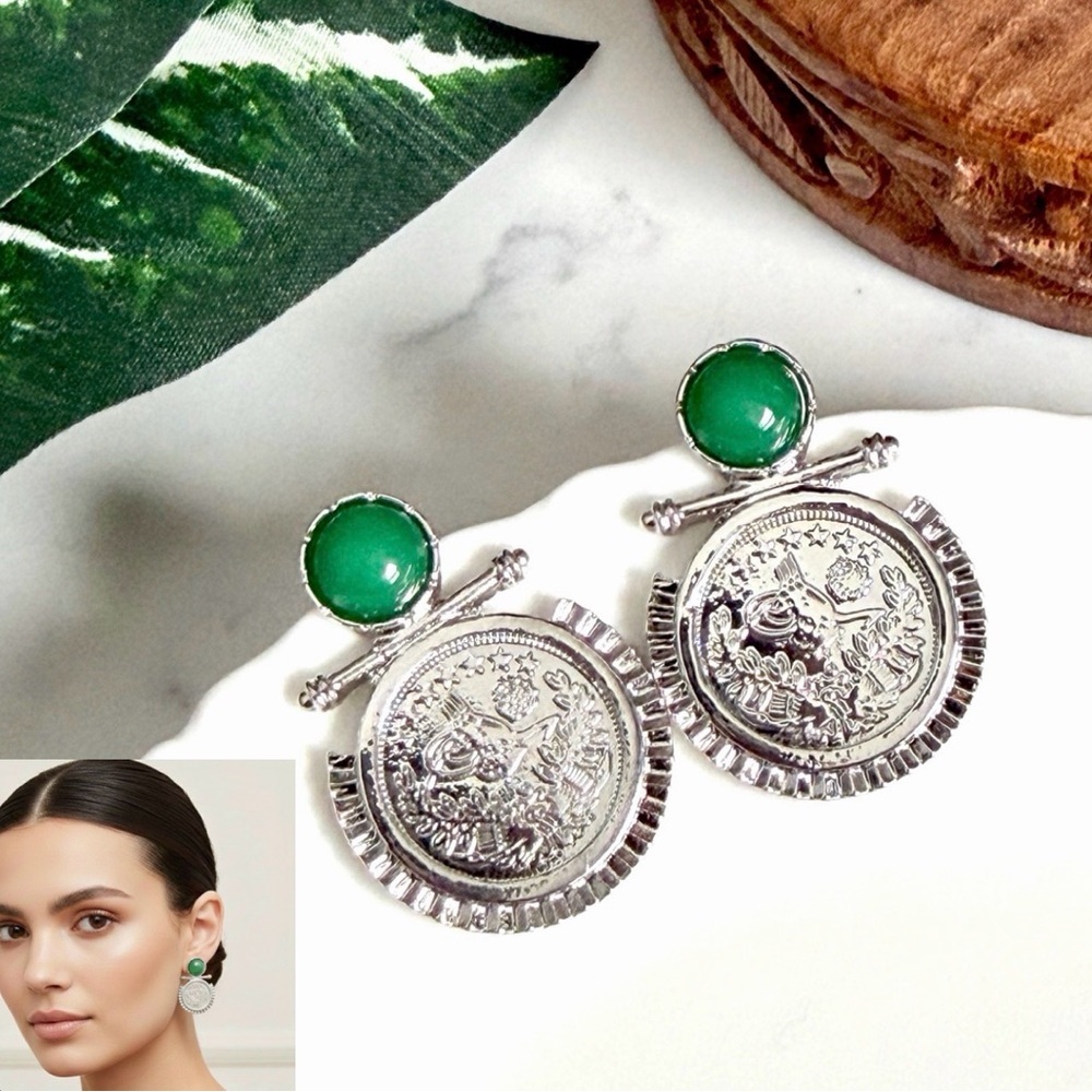 2/$30🌵 Silver Coin Etched Green Stone Bead Earrings Stud European Boho Gift NEW